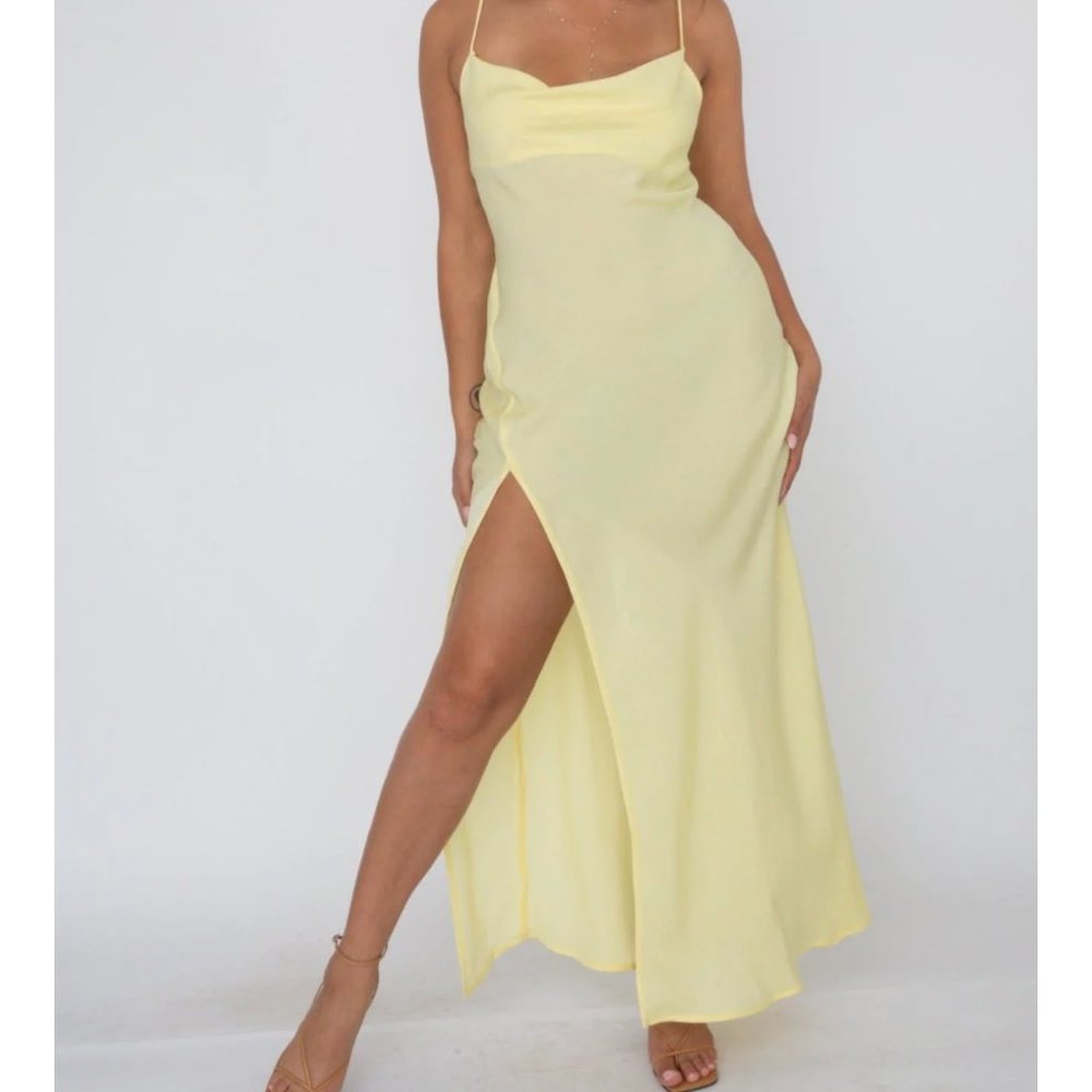 NEW - RESA Maxi Slip Dress with Slit - Sheer Yellow; Size Small